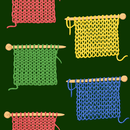 Seamless pattern of knitted pieces of fabric on knitting needles. Vector on green background.のイラスト素材