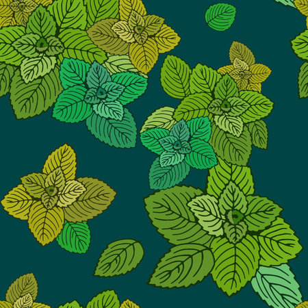 Seamless pattern of mint leaves on a blue background.のイラスト素材