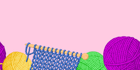 Seamless banner with yarn and knitting on a pink background.のイラスト素材