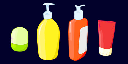 Set of jars and bottles for cosmetics. Deodorant, cream, shampoo, lotion and shower gel. on a white background.のイラスト素材