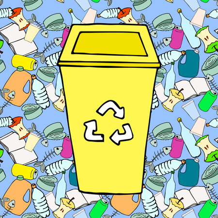 Seamless pattern on an environmental theme. Waste sorting and container on a blue. The problem of ecology.のイラスト素材