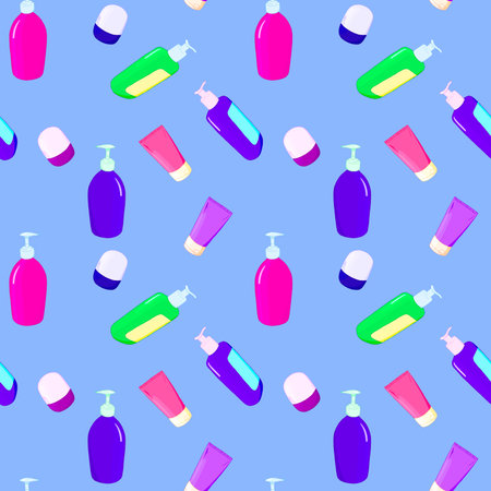 Seamless pattern with bottles, jars and tubes of cosmetics. Design for a beautician. Hygiene and beauty.のイラスト素材