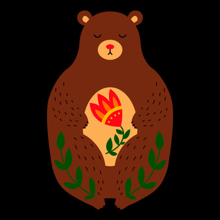Fairy bear with floral ornament on a black background. The sleeping bear cub is holding a magic flower.のイラスト素材