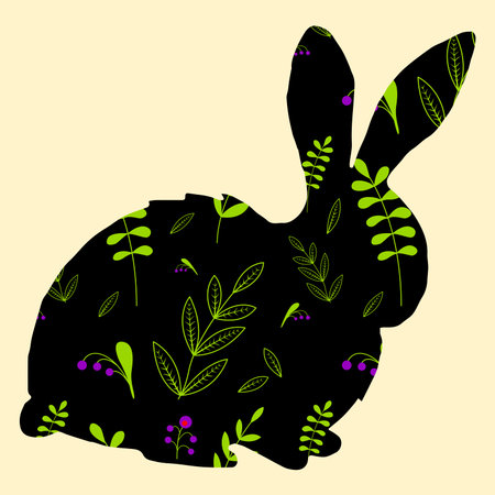 Easter bunny with floral pattern. A silhouette of a hare on a light background. Leaves and berries on a black backgroundのイラスト素材