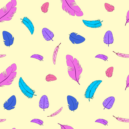 Vector seamless pattern of multi-colored bird feathers on a yellow background. Cartoon drawings.のイラスト素材