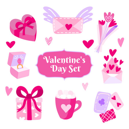 Set of vector flat valentine's day illustrations. Background for greeting cards, packaging, design for a holiday, wedding, engagement. Hearts and symbols of love in pink colors.のイラスト素材
