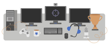 Vector set of table and gamer omputer on a white background in flat style. The design of a streamer blog or gaming esportsman.のイラスト素材