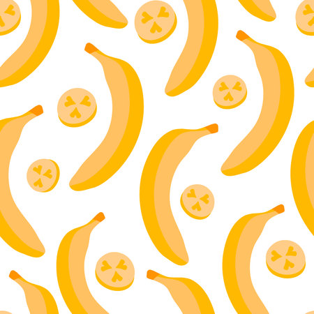 Vector seamless pattern with banana and banana slices. For design packaging, textile, background, design postcards and posters. Design of fruit shops, vegetarian cafes, menus, fresh fruits, dishes, recipes in flat style.のイラスト素材