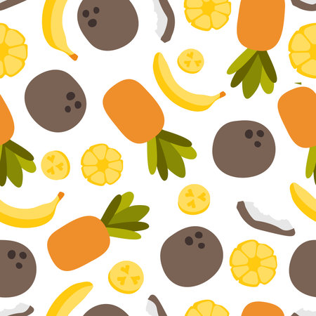 Vector seamless pattern with tropical fruits: pineapple, coconut, banana. For design packaging, textile, background, design postcards and posters. Design of fruit shops, vegetarian cafes, menus, fresh fruits, dishes, recipes in flat style.のイラスト素材