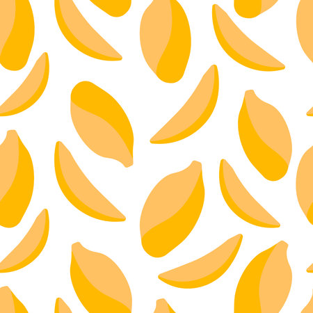Vector seamless pattern with tropical mango fruit. For design packaging, textile, background, design postcards and posters. Design of fruit shops, vegetarian cafes, menus, fresh fruits, dishes, recipes in flat style.のイラスト素材