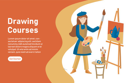 Flat vector illustration art studio, designing, drawing, art, education, creativity. Online courses, tutorials for mobile and web graphics. Girl artist paints a picture in oil or watercolor.のイラスト素材