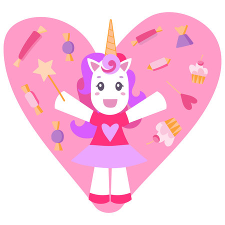 Cheerful unicorn on a pink background with sweets. Unicorn Birthday Invitation Card Template with Unicorns Illustrationのイラスト素材