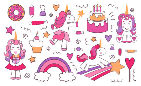 Set of Cute Cartoon Unicorns isolated on a white background. Unicorn Birthday Invitation Card Template with Unicorns Illustrationのイラスト素材