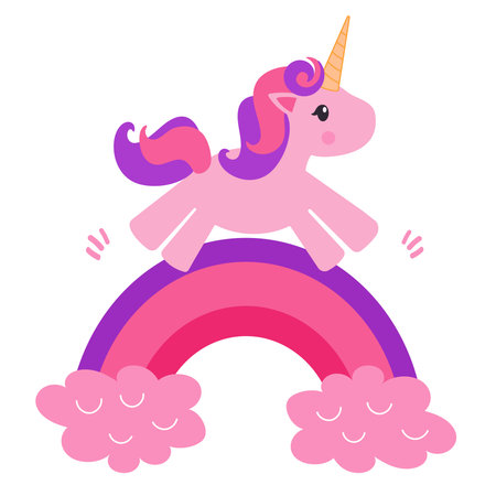 Beautiful and cute pink unicorn kid jumps on a rainbow among the stars on a white background isolated.のイラスト素材
