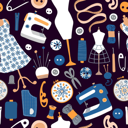 Vector seamless pattern with items and materials for sewing, capturing and embroidery. Colorful...