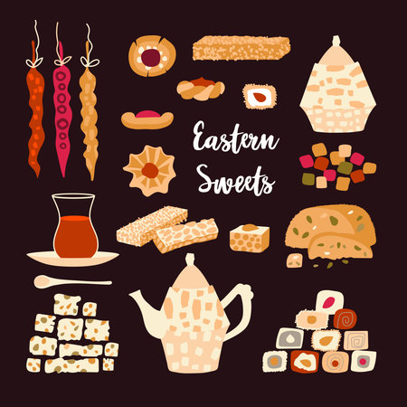 Vector set of oriental sweets and tea party. Items for design postcard or poster for a holiday invitation. Kettle, tea, hands and treats in a cartoon flat style isolated on a dark background.のイラスト素材