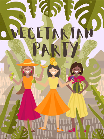 Vector illustration with girls and fruits. Poster or greeting card, invitation to a party or a party of vegans. Three multinational girls dancing in a cartoon style. For the design of eco festivals, vegan shops, vegetable fairs, eco cafe.のイラスト素材