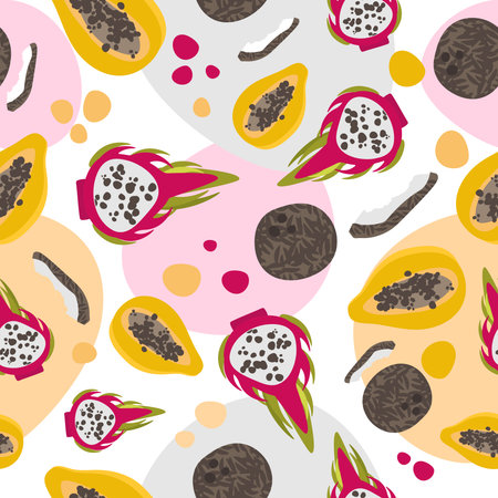 Vector seamless pattern with tropical fruits. Exotic mix of papaya, dragon fruit and coconut.For printing on eco-friendly products for vegetarians, gardeners, cooks, healthy lifestyleのイラスト素材