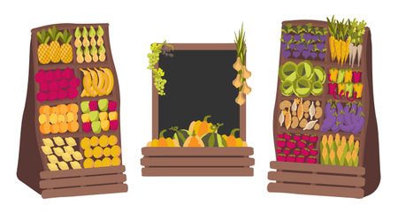 Vector illustration with flat stands with fruits, vegetables, pumpkins and chalk board with place for text. For printing on eco-friendly products for vegetarians, gardeners, wholesome food stores, organic shopsのイラスト素材