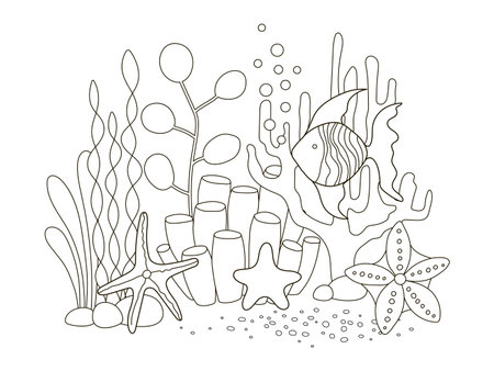 Vector beautiful coloring book for adults and children with fish and marine among algaeのイラスト素材