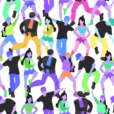 Vector seamless pattern with dancing hip-hop girls and panels in bright neon modern colors on a white isolated background.Print for the design of teenage clothing, accessories, bags, printed materialsのイラスト素材