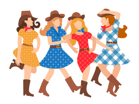 Illustration of a featured young girl dancing country style flat style. Beautiful and cheerful women dance in American tradition. Hats, plaid dresses, cowboy boots. Dance school design, poster, invitation, animation, banner.のイラスト素材