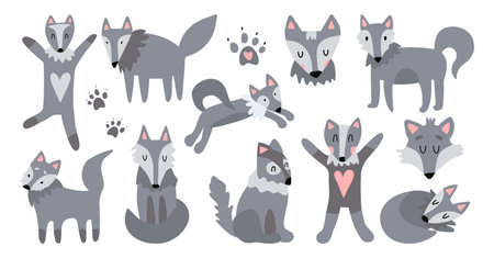 Vector set of illustrations of cute wolves. The good wolf sleeps, jumps, hugs, runs, sits. Suitable for animation, design of children's textiles, printing on children's toys. A colorful collection of wild forest animalsのイラスト素材