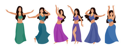 Group of belly dancers with a multicolor shawl on a white isolated background. Beautiful brunette women dance oriental dance. Vector set of six flat style dancers. Poster for a dance school, competition, dance showのイラスト素材