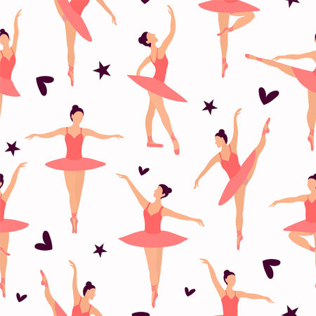Seamless pattern of Dancing ballerinas silhouette in light-pink pointe shoes, tutu and leotard for ballet on a white background. Pastel colors and small randomly located ballerinas. Black little hearts and stars around.のイラスト素材