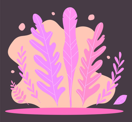 Vector abstract pink background with leaves and woods for illustration, design, page landing. Template with natural background for flat charactersのイラスト素材