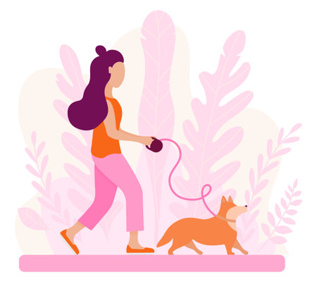 Vector abstract pink background and girl walking with dog corgi. Spring illustration for creating a romantic mood. Illustration of articles for pet owner, pet stores, dogsitter.のイラスト素材