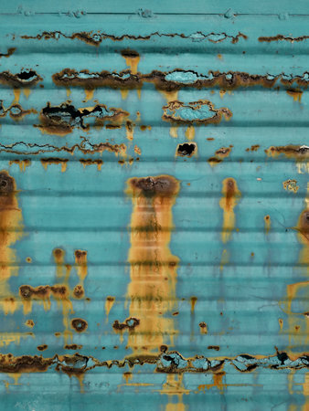 Strong metal corrosion. A rotten garage door in turquoise. Blue painted corrugated fence. Remedies...