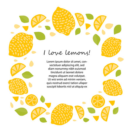 Vector template hand drawn design with citrus in warm yellow colors. Lemons in the form of a square frame with a place for text, copy space, sale advertisement. Tender summer composition of fruits to place text.のイラスト素材