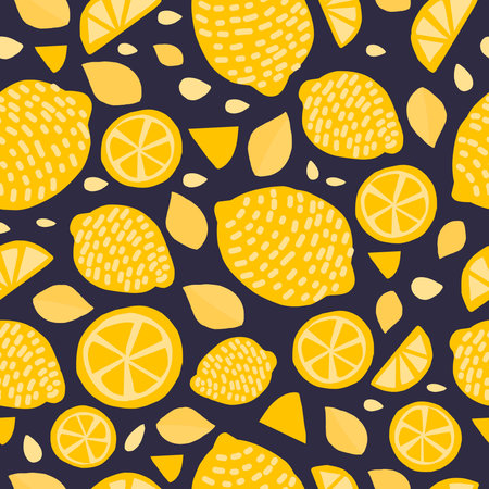 Vector seamless pattern with lemons on the black background. Vector illustration with citrus hand drawn background. Yellow lemon slices, mugs and grains. Fruit background with sour taste.のイラスト素材