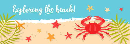 Vector sea or ocean horizontal banners with crab and starfish. Bright hand-drawn illustration with sea animals and mine space. The best summe , summer beach party. There is place for text on blue background. Crab, palms, starfish, sand and waves in flat style hand drawn.のイラスト素材
