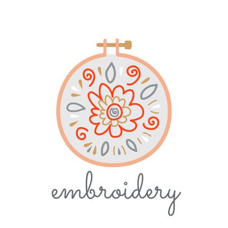 Logo hoop with embroidered flowers in a flat style on a white background. Vector isolated knitting symbol for a shop with embroidery, embroidery courses, floss, machine embroidery, cross-stitchのイラスト素材