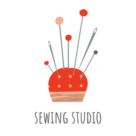 Logo pillow with needles and pins in flat style on a white background. Vector isolated symbol of knit tools for knitwear service or atelier tailoring or studio designer fashionable dress template.のイラスト素材