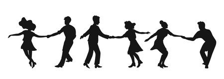 Set of silhouettes couple dancing swing, rock or lindy hop. Retro in flat style hand drawn. Disc cover, social network, dance competition, illustration of dance courses. Clip art people dancing isolated. Black silhouettes on a white background.のイラスト素材