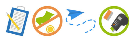 Vector set of delivery and payment symbols in an online store. Order form. We do not accept cash. Bank transfer by card. Sending letters to airplane. Set of flat style iconsのイラスト素材