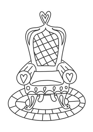 Coloring book for adults and children with a royal throne from a fairy tale. A beautiful armchair for a king or queen with a carpet. Furniture for the interior of a rich house. Magic coloring page.のイラスト素材