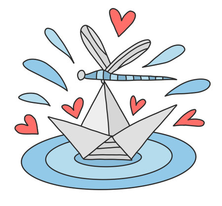 Origami paper boat floats in a puddle. Children s fun, game, entertainment. Dragonfly is sitting on a boat. Illustration in cartoon style isolated on white background. Print for clothes or flying goods.のイラスト素材