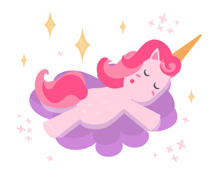 Vector illustration of a pink cute unicorn sleeping on a cloud and dreaming distant dreams. Postcard printing, scrapbooking, print design, goods for mice. Clip art Isolated on a white backgroundのイラスト素材