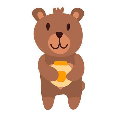 Vector illustration, funny baby bear likes to eat honey from a pot. Cute bear cartoon hand drawn vector illustration in flat style with a jar of honey. Can be used for printing on t-shirts, children s clothing, children s invitation cards. Good brown grizzly, wild animals.のイラスト素材