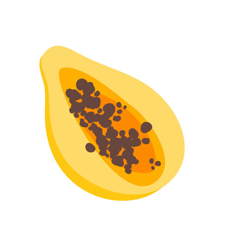 Papaya flat icon, fruit and tropical, vector graphics. Stock Vector Graphics yellow papaya. Tropical beautiful fruit with black grains. Exotic sweetness on a white background. T-shirt printing, print design, flat design, sticker, flat design, summer styleのイラスト素材