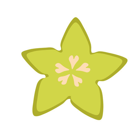 Vector green carambola fruit clip art in flat style. Tropical fruit slice in the form of a star. Exotic cutaway fruit for minimal flat design. Tropical sweetness on a white background isolatedのイラスト素材