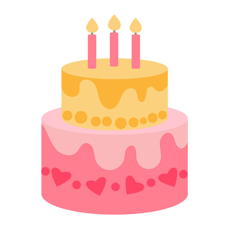 Two-tier festive cake with candles in a flat style on a white background. Delicious yellow and pink cream cake for a party. Sticker for childrens party design, icon for a party invitation with a treat for the holidayのイラスト素材