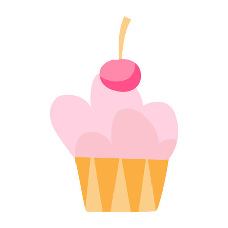 Vector pink cake with cherry in flat style. Cute childish drawing with tasty muffin on a white background. Birthday, decoration and greeting card design, party poster, clip art isolated on a white backgroundのイラスト素材