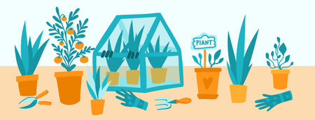 Greenhouse with potted garden plants vector illustration, cute scandinavian Hygge style. Glass green house seasonal greeting card. Small conservatory with growing potted plants and planters on the table.のイラスト素材