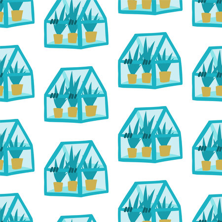 Vector seamless pattern with cute greenhouses with potted plants. Glasshouse greenhouse in flat style on a white background. For gardening backgrounds, posters, festivals.のイラスト素材