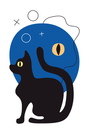 Vector greeting card with abstract night, eye of a black cat in flat style. Vertical greeting card with an animal for Halloween. Modern trendy stylization, background for a poster, flyer. Blue night, yellow eye and black catのイラスト素材